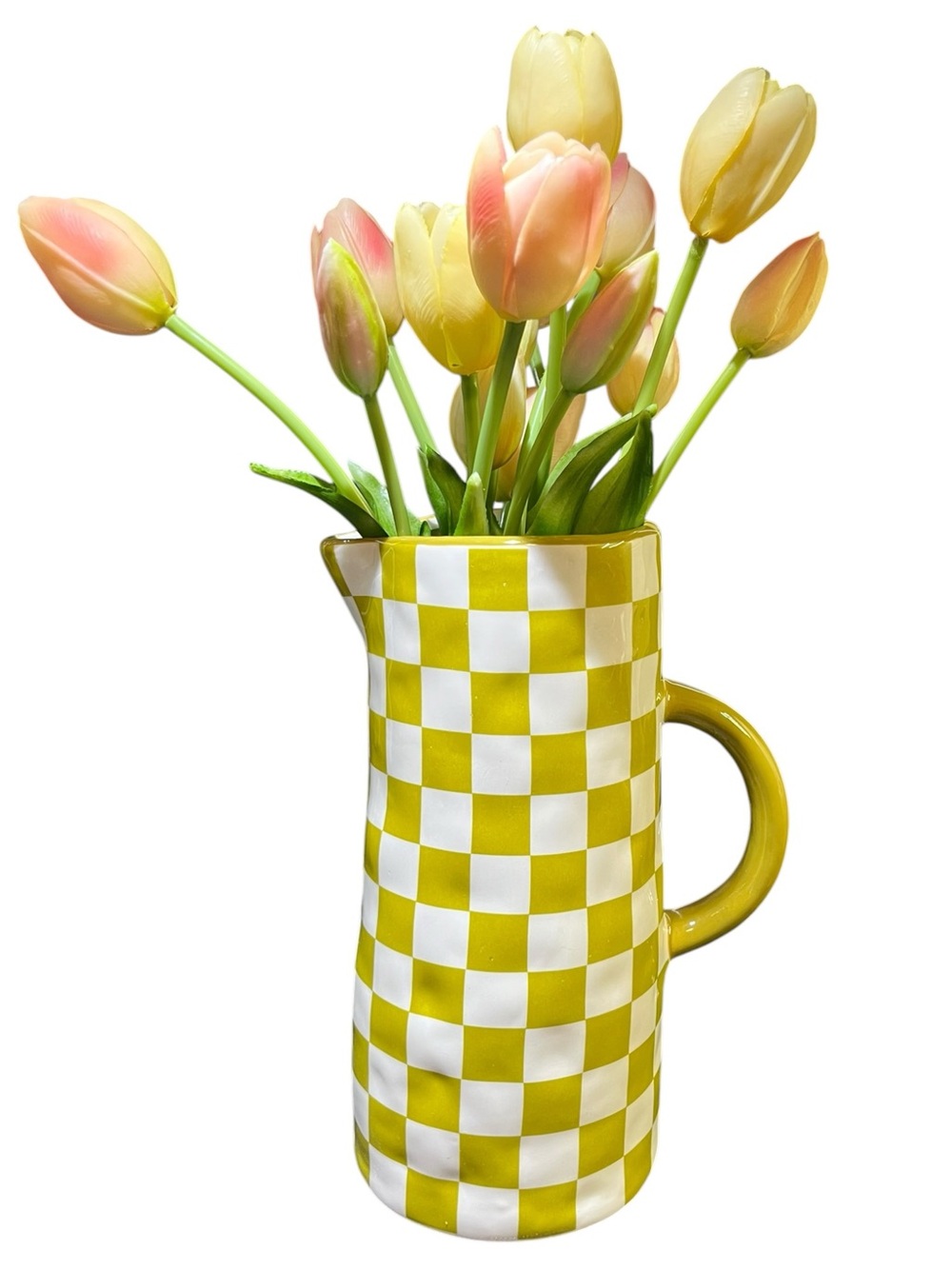 Ceramic Green & White Checkered Pitcher Flower Vase